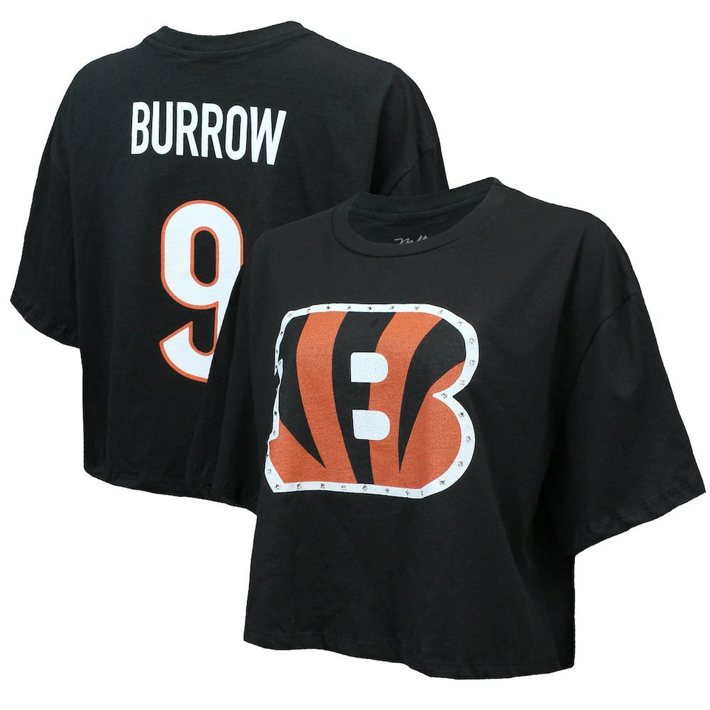 Joe Burrow Cincinnati Bengals Majestic Threads Women's Swarovski Crystals Boxy Cropped Name & Number T-Shirt - Black T-shirts