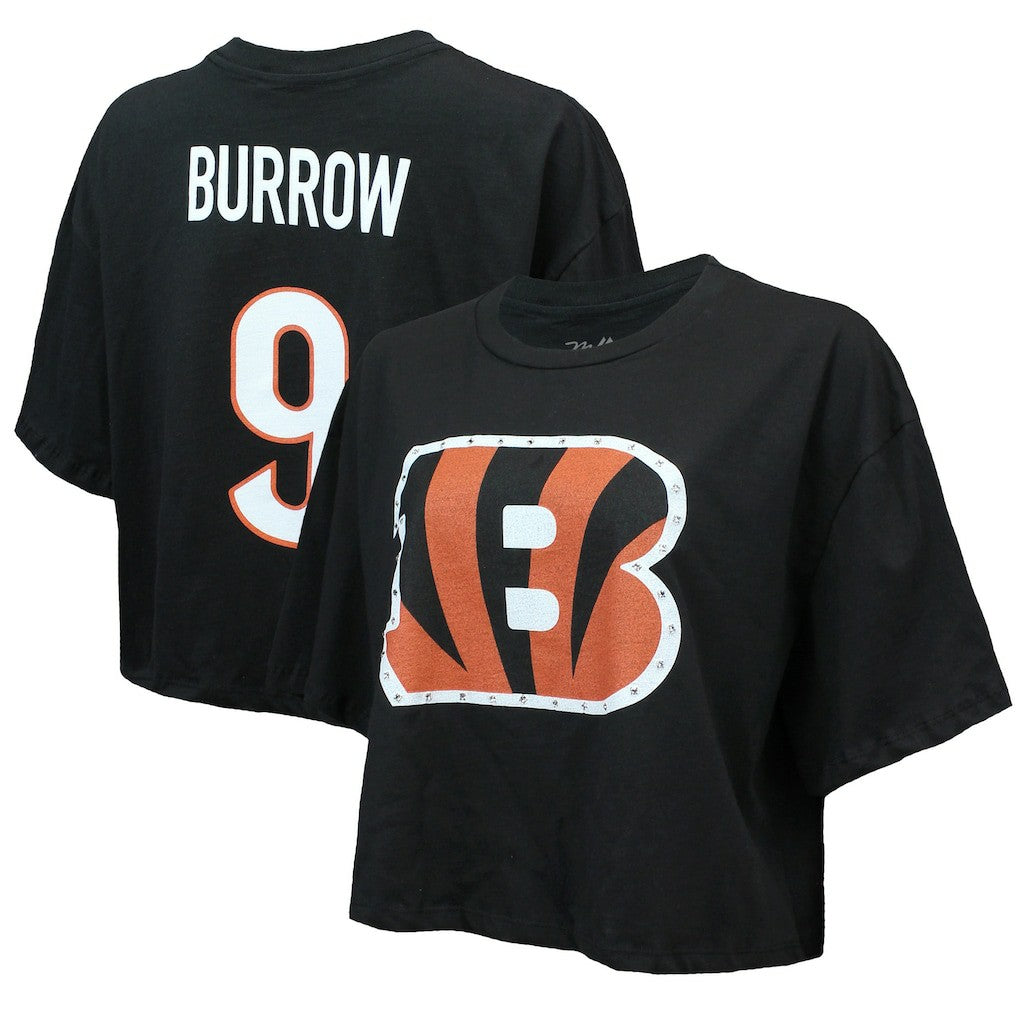 Joe Burrow Cincinnati Bengals Majestic Threads Women's Swarovski Crystals Boxy Cropped Name & Number T-Shirt - Black T-shirts