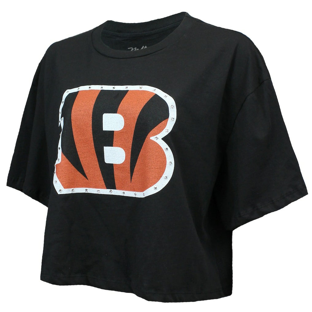 Joe Burrow Cincinnati Bengals Majestic Threads Women's Swarovski Crystals Boxy Cropped Name & Number T-Shirt - Black T-shirts