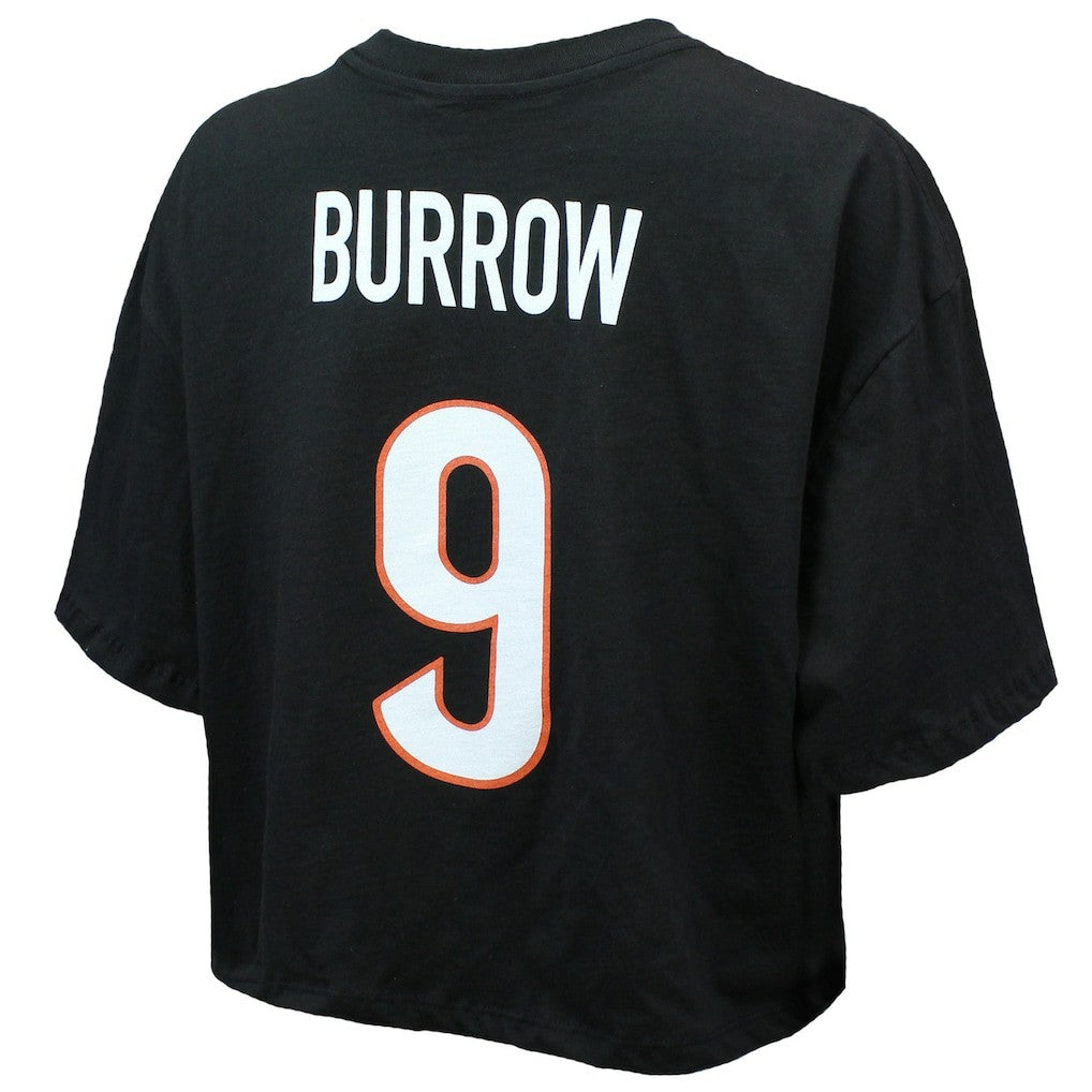 Joe Burrow Cincinnati Bengals Majestic Threads Women's Swarovski Crystals Boxy Cropped Name & Number T-Shirt - Black T-shirts