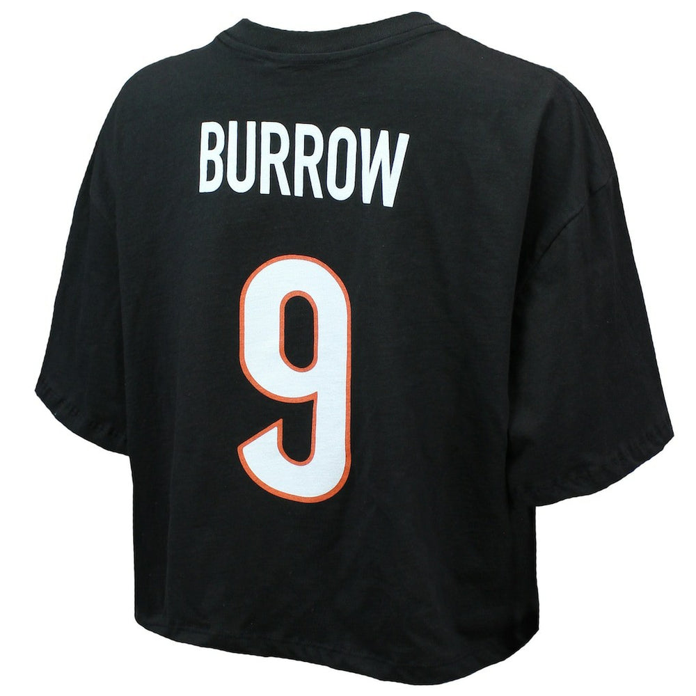Joe Burrow Cincinnati Bengals Majestic Threads Women's Swarovski Crystals Boxy Cropped Name & Number T-Shirt - Black T-shirts