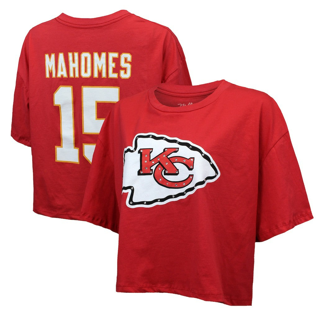 Patrick Mahomes Kansas City Chiefs Majestic Threads Women's Swarovski Crystals Boxy Cropped Name & Number T-Shirt - Red T-shirts