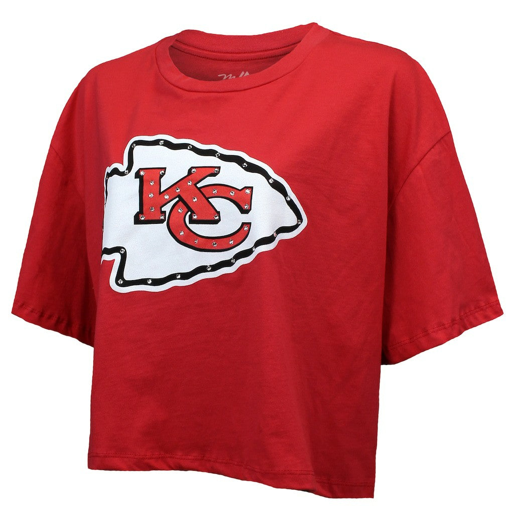 Patrick Mahomes Kansas City Chiefs Majestic Threads Women's Swarovski Crystals Boxy Cropped Name & Number T-Shirt - Red T-shirts