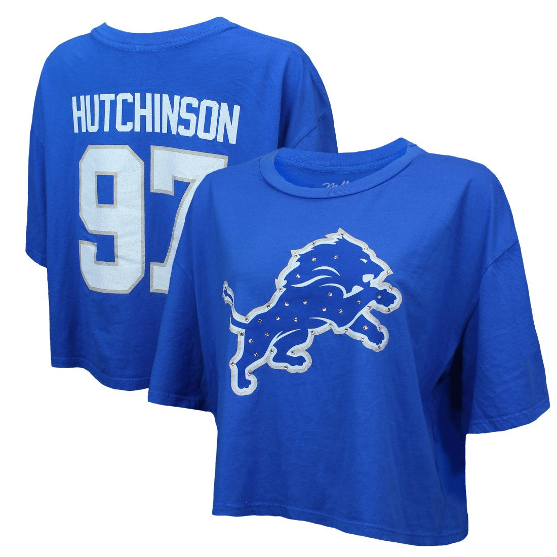 Aidan Hutchinson Detroit Lions Majestic Threads Women's Swarovski Crystals Boxy Cropped Name & Number T-Shirt - Blue T-shirts