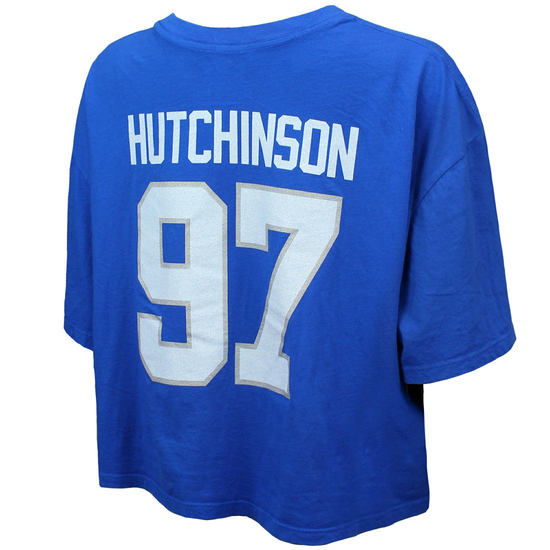 Aidan Hutchinson Detroit Lions Majestic Threads Women's Swarovski Crystals Boxy Cropped Name & Number T-Shirt - Blue T-shirts