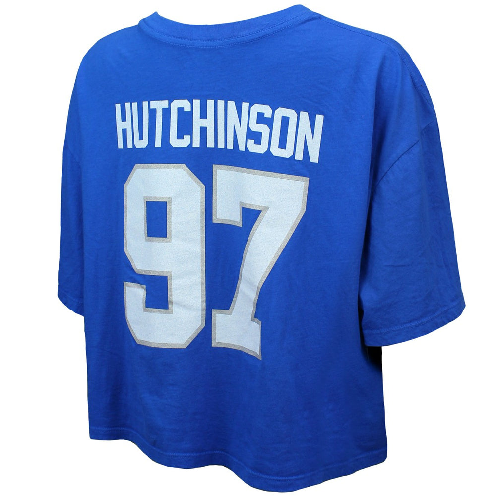 Aidan Hutchinson Detroit Lions Majestic Threads Women's Swarovski Crystals Boxy Cropped Name & Number T-Shirt - Blue T-shirts