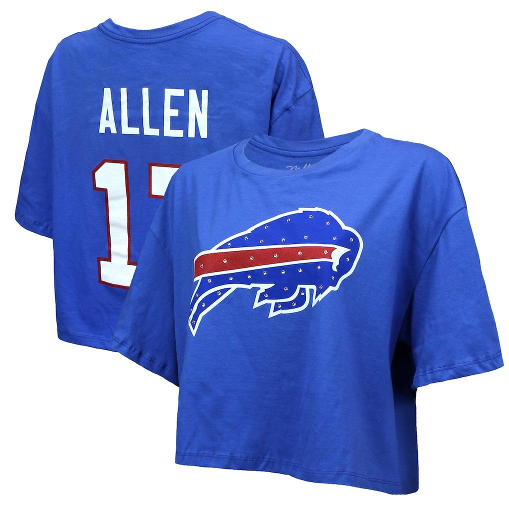 Josh Allen Buffalo Bills Majestic Threads Women's Swarovski Crystals Boxy Cropped Name & Number T-Shirt - Royal T-shirts