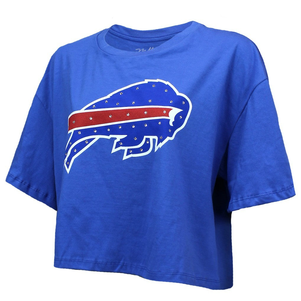 Josh Allen Buffalo Bills Majestic Threads Women's Swarovski Crystals Boxy Cropped Name & Number T-Shirt - Royal T-shirts