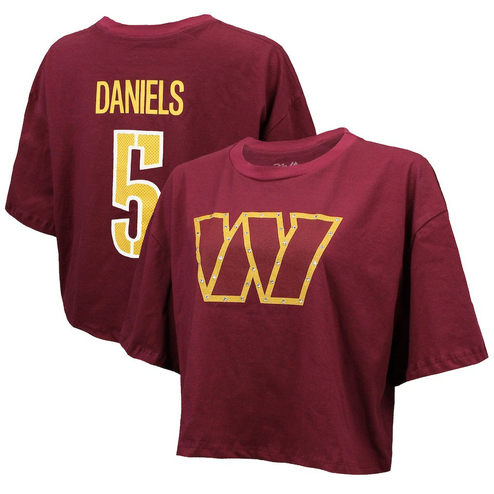 Jayden Daniels Washington Commanders Majestic Threads Women's Swarovski Crystals Boxy Cropped Name & Number T-Shirt - Burgundy T-shirts