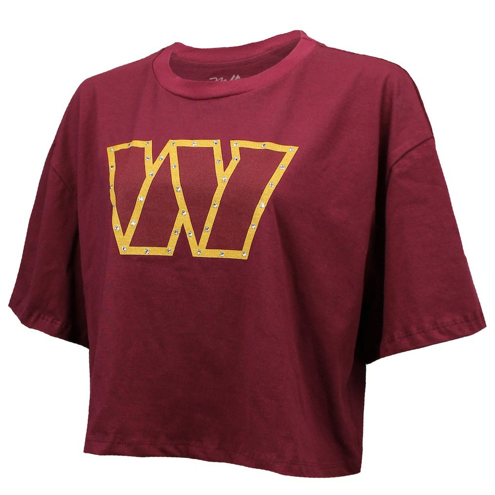 Jayden Daniels Washington Commanders Majestic Threads Women's Swarovski Crystals Boxy Cropped Name & Number T-Shirt - Burgundy T-shirts