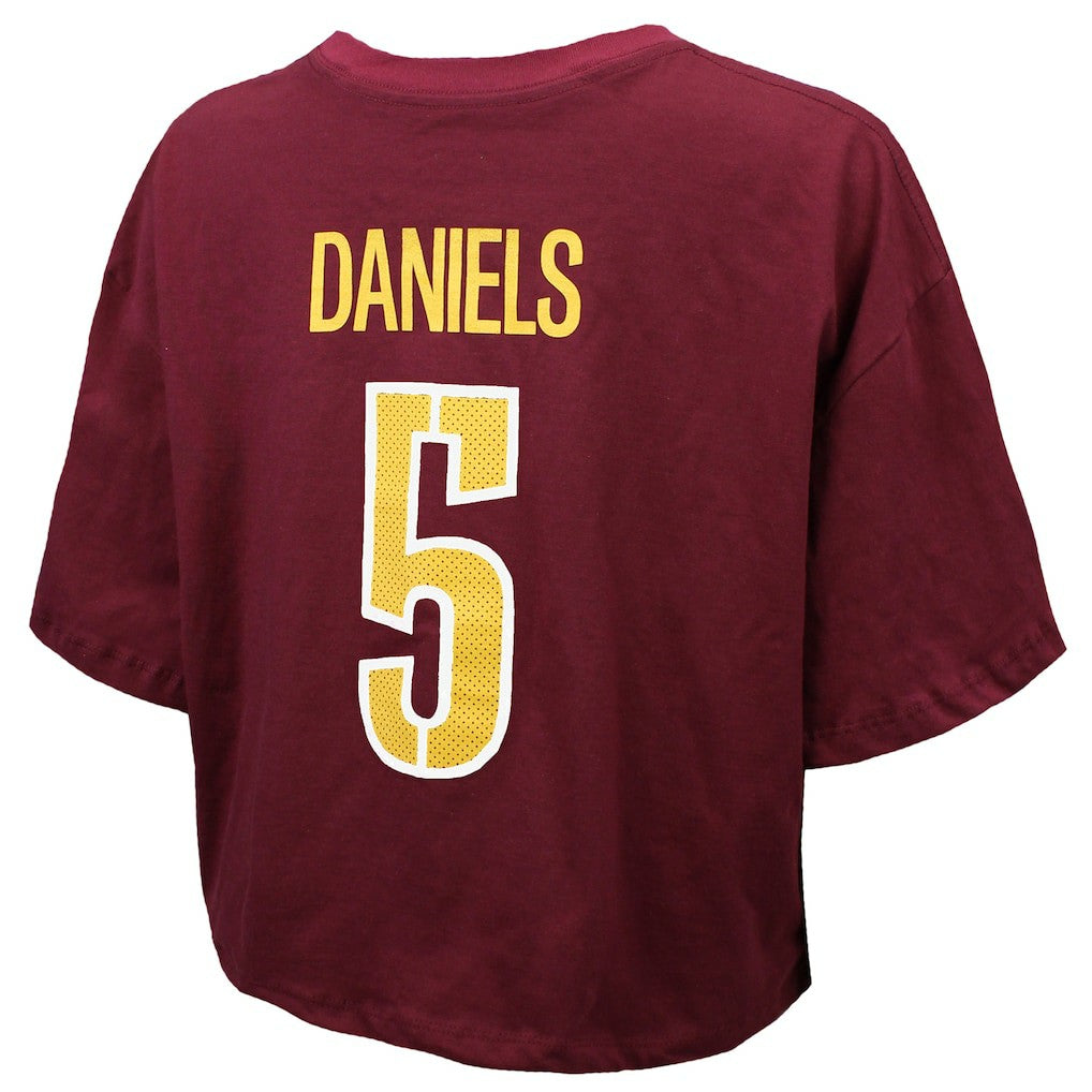 Jayden Daniels Washington Commanders Majestic Threads Women's Swarovski Crystals Boxy Cropped Name & Number T-Shirt - Burgundy T-shirts