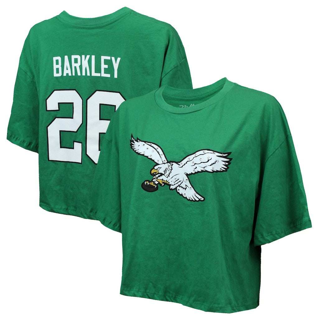 Saquon Barkley Philadelphia Eagles Majestic Threads Women's Swarovski Crystals Boxy Cropped Name & Number T-Shirt - Kelly Green T-shirts