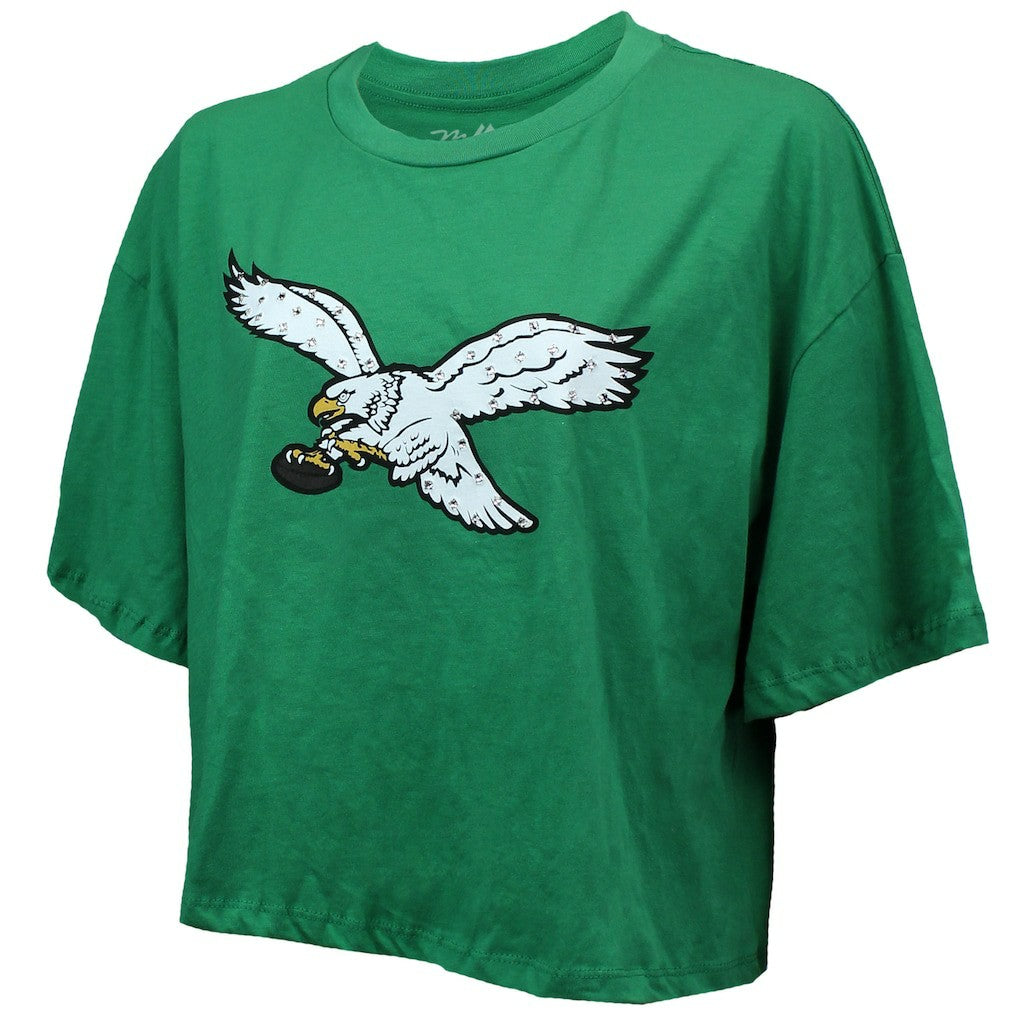 Saquon Barkley Philadelphia Eagles Majestic Threads Women's Swarovski Crystals Boxy Cropped Name & Number T-Shirt - Kelly Green T-shirts