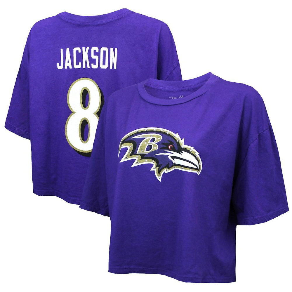 Lamar Jackson Baltimore Ravens Majestic Threads Women's Swarovski Crystals Boxy Cropped Name & Number T-Shirt - Purple T-shirts