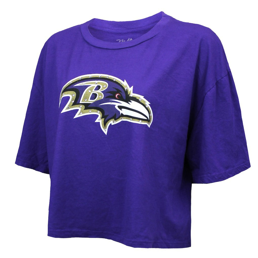 Lamar Jackson Baltimore Ravens Majestic Threads Women's Swarovski Crystals Boxy Cropped Name & Number T-Shirt - Purple T-shirts