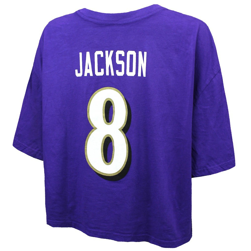 Lamar Jackson Baltimore Ravens Majestic Threads Women's Swarovski Crystals Boxy Cropped Name & Number T-Shirt - Purple T-shirts