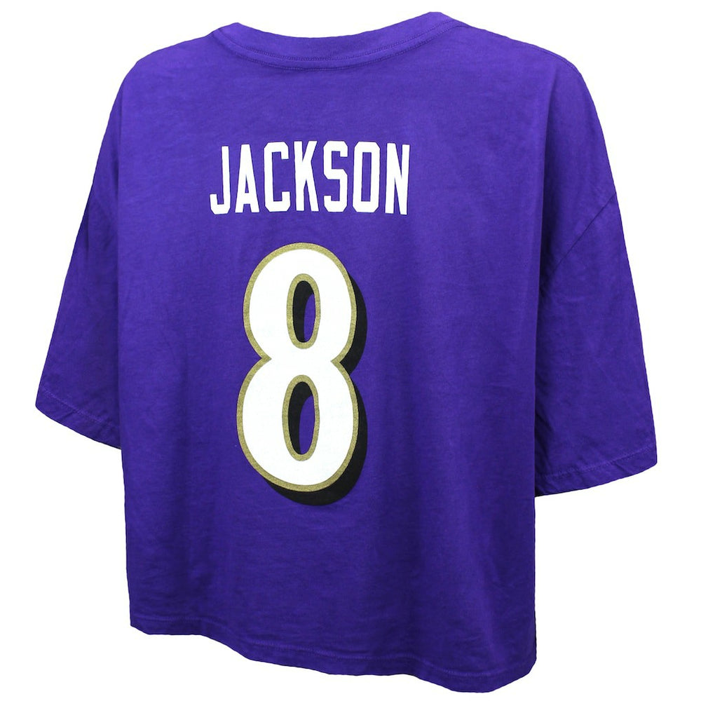 Lamar Jackson Baltimore Ravens Majestic Threads Women's Swarovski Crystals Boxy Cropped Name & Number T-Shirt - Purple T-shirts