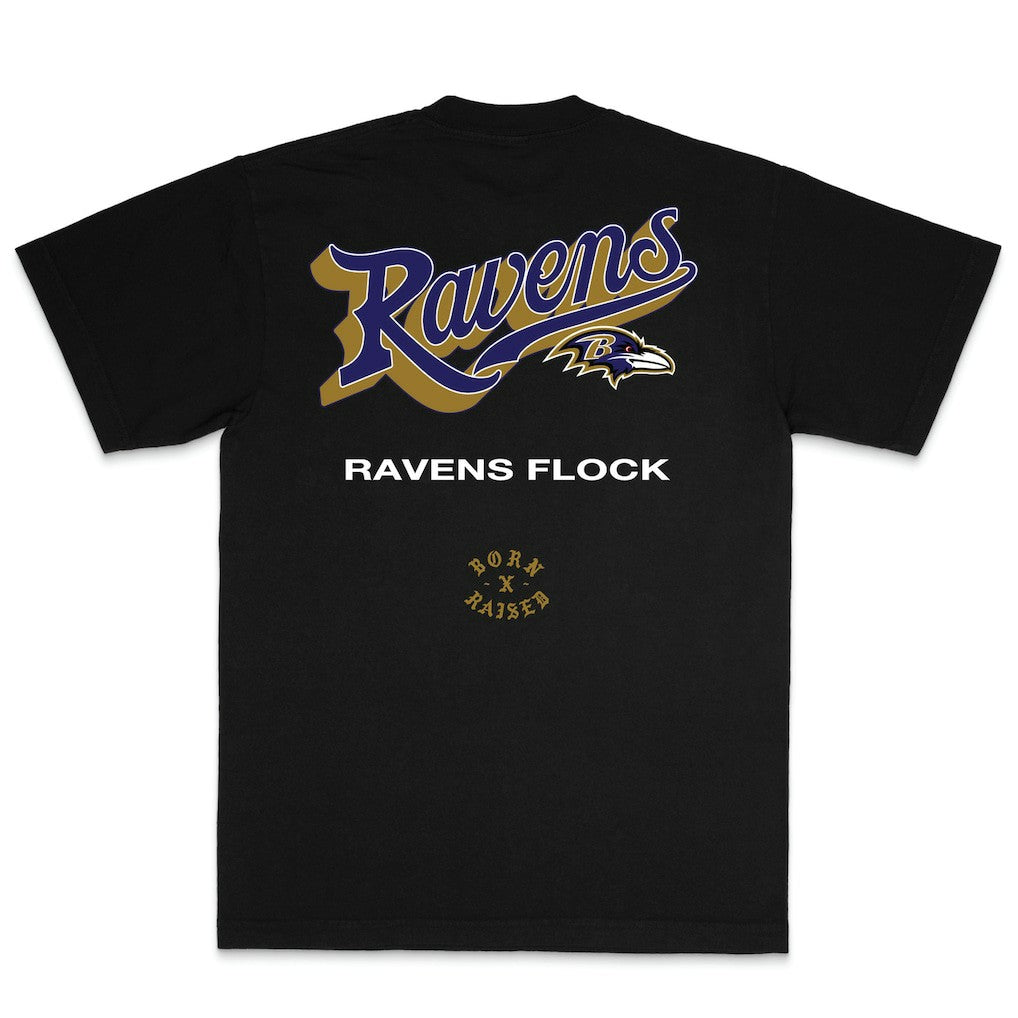 Baltimore Ravens Born x Raised Unisex Pro Script T-Shirt - Black T-shirts