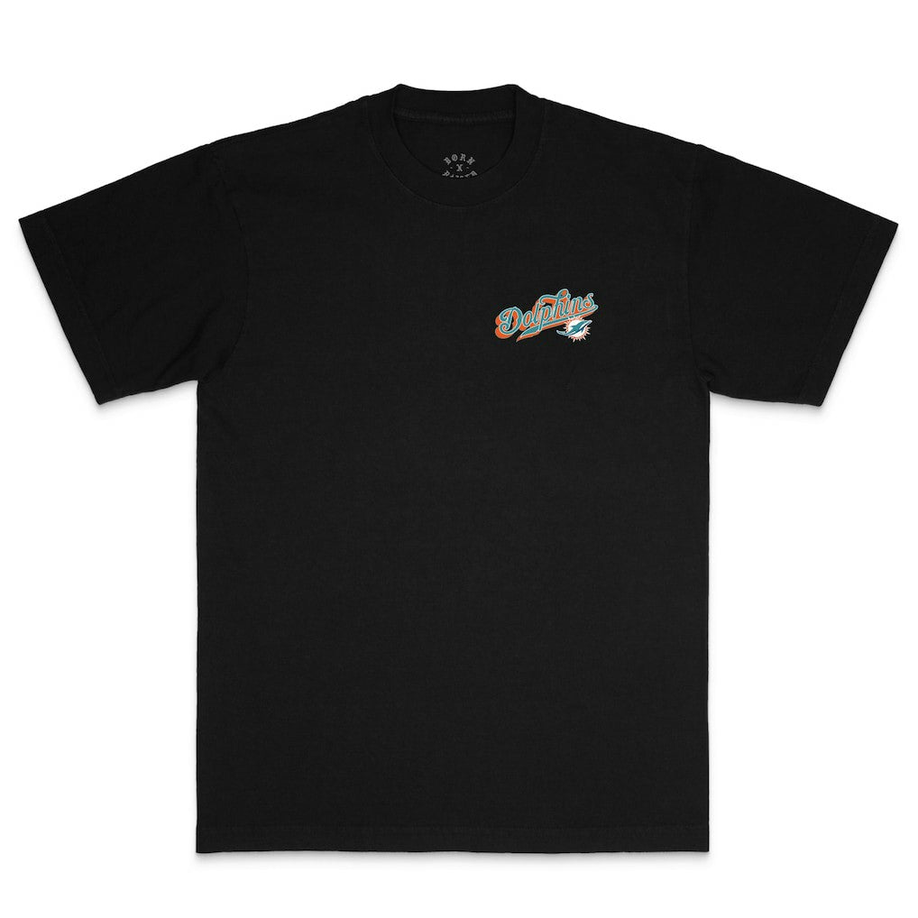 Miami Dolphins Born x Raised Unisex Pro Script T-Shirt - Black T-shirts