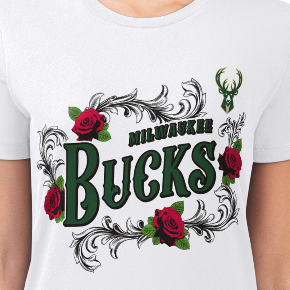 Milwaukee Bucks G-III 4Her by Carl Banks Women's Super-Slim Fit Lightweight Roses Crew Neck T-Shirt White