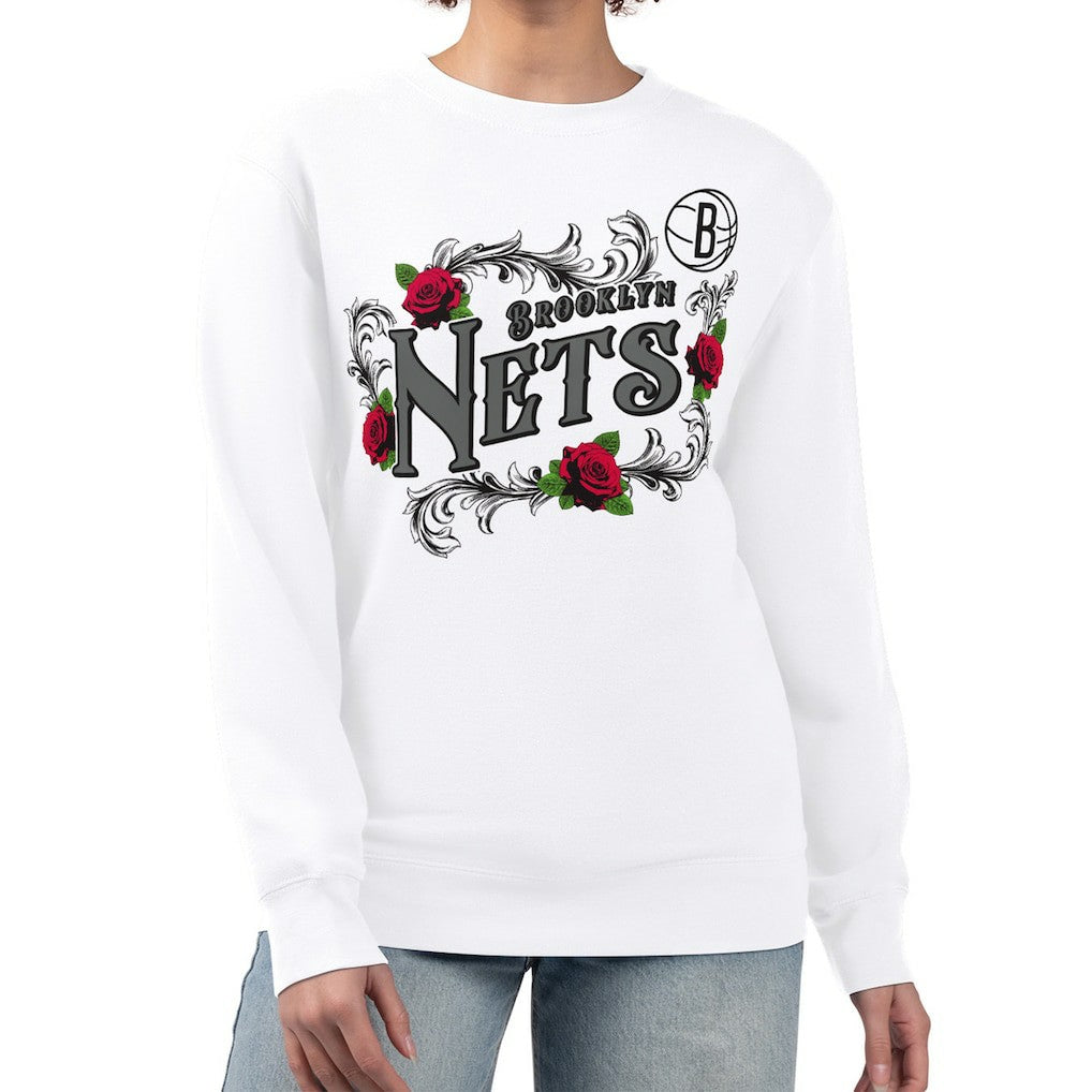 Brooklyn Nets G-III 4Her by Carl Banks Women's Roses Fleece Tri-Blend Sweatshirt White