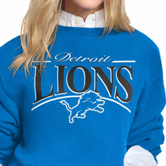 Detroit Lions Starter Women's Arch Stripe Fleece Crewneck Sweatshirt - Blue Sweatshirts