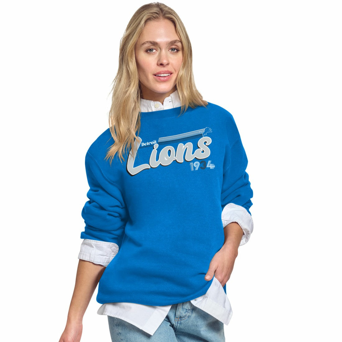 Detroit Lions Starter Women's Groovy Script Fleece Crewneck Sweatshirt - Blue Sweatshirts