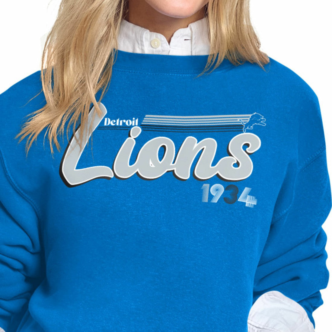 Detroit Lions Starter Women's Groovy Script Fleece Crewneck Sweatshirt - Blue Sweatshirts