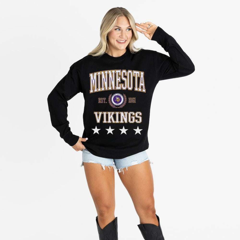Minnesota Vikings Gameday Couture Women's Oversized Everyday Star Long Sleeve T-Shirt - Black T-shirts