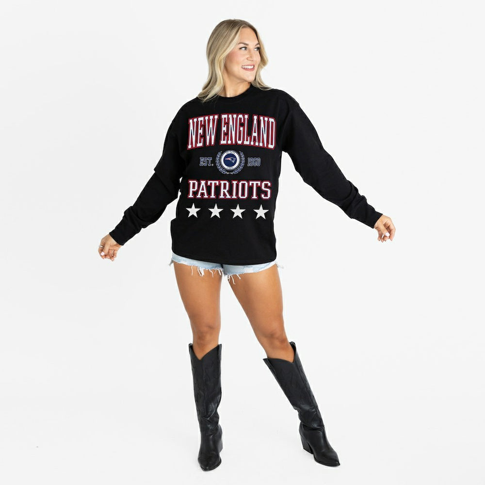 New England Patriots Gameday Couture Women's Oversized Everyday Star Long Sleeve T-Shirt - Black T-shirts