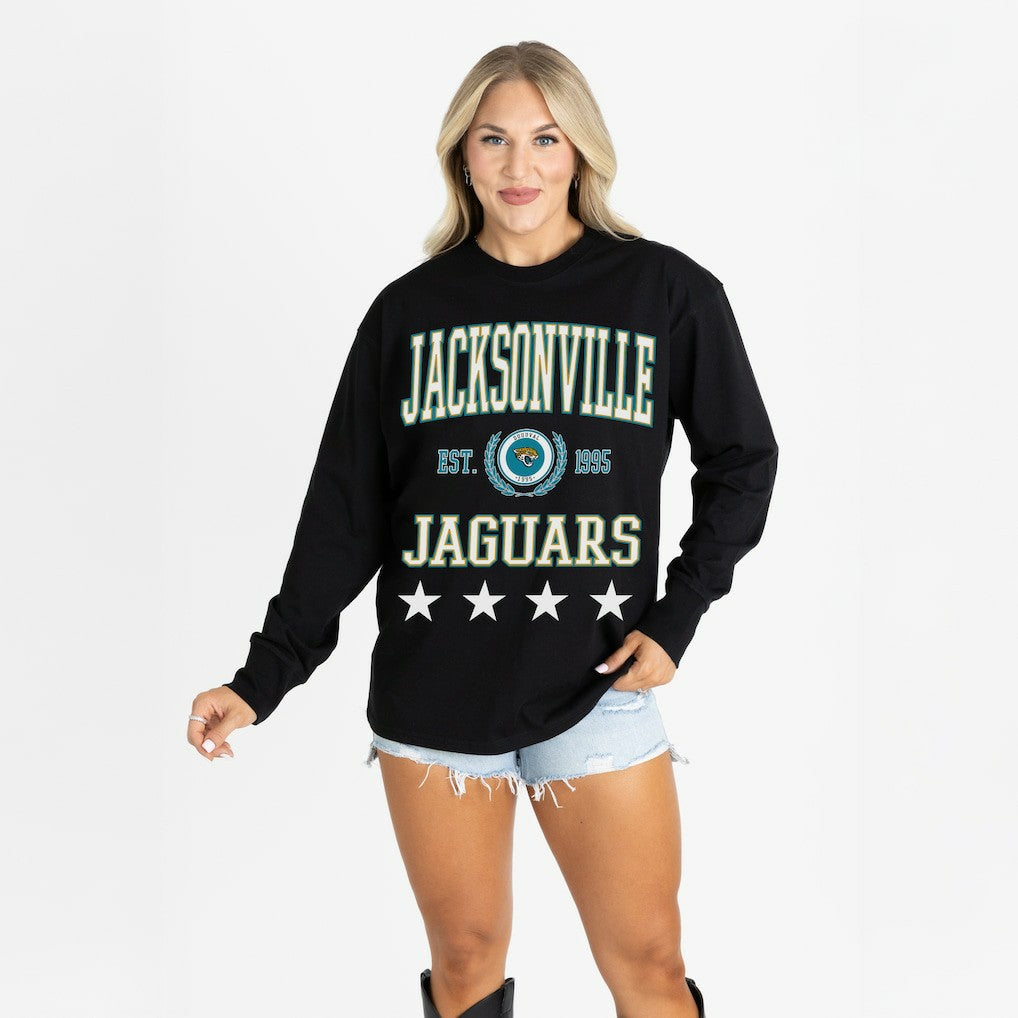 Jacksonville Jaguars Gameday Couture Women's Oversized Everyday Star Long Sleeve T-Shirt - Black T-shirts