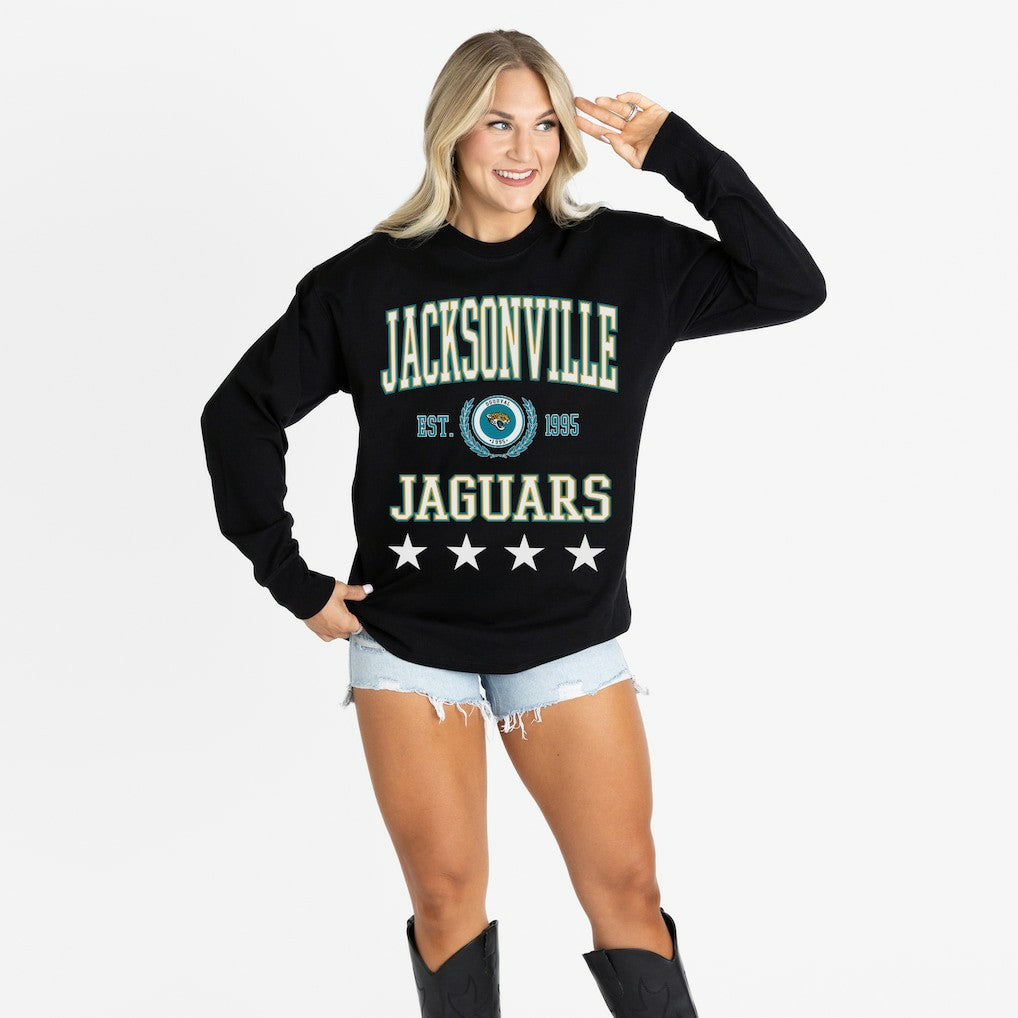 Jacksonville Jaguars Gameday Couture Women's Oversized Everyday Star Long Sleeve T-Shirt - Black T-shirts