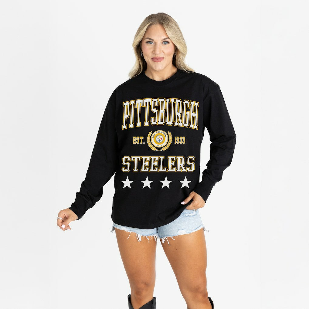 Pittsburgh Steelers Gameday Couture Women's Oversized Everyday Star Long Sleeve T-Shirt - Black T-shirts