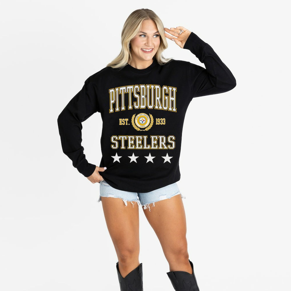 Pittsburgh Steelers Gameday Couture Women's Oversized Everyday Star Long Sleeve T-Shirt - Black T-shirts