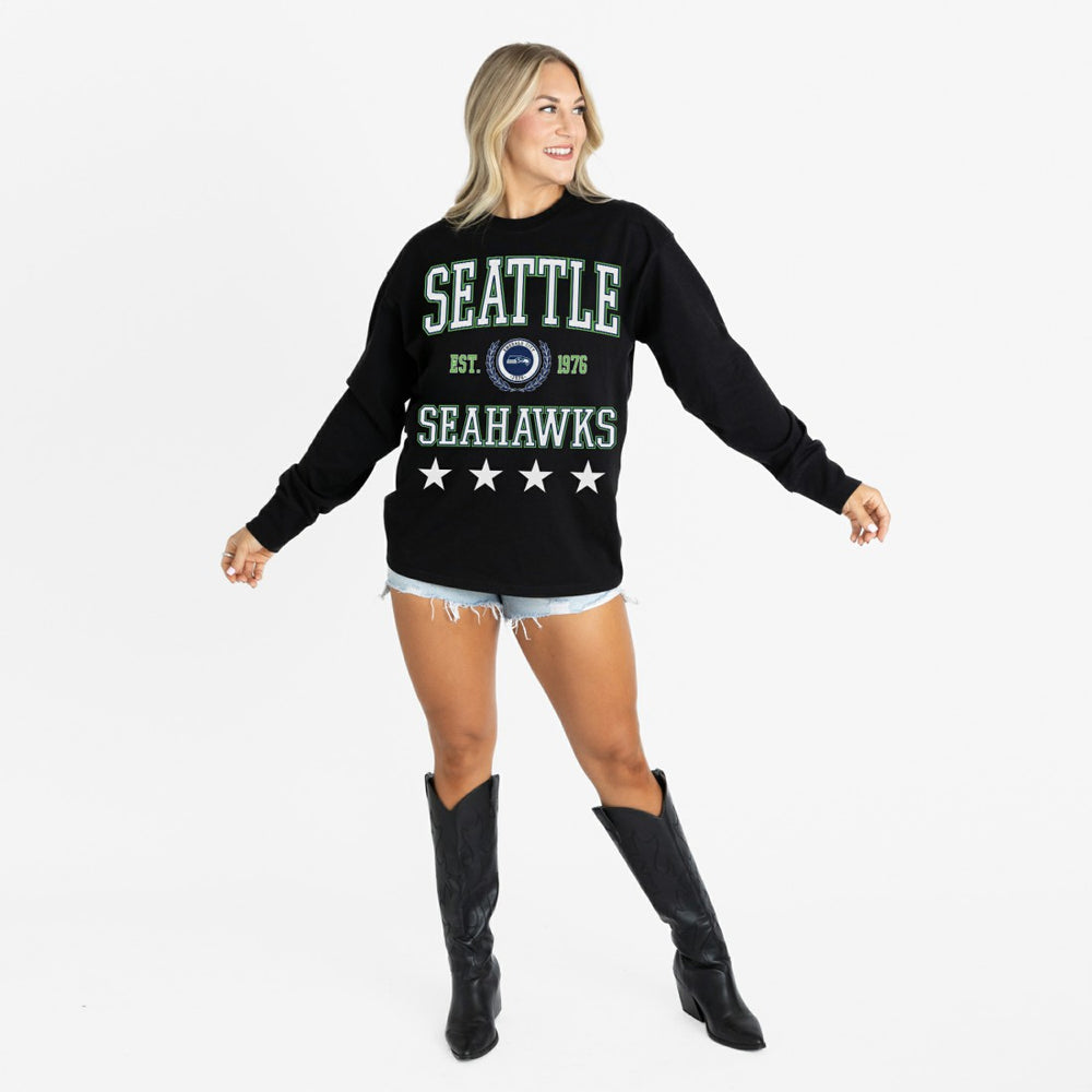 Seattle Seahawks Gameday Couture Women's Oversized Everyday Star Long Sleeve T-Shirt - Black T-shirts