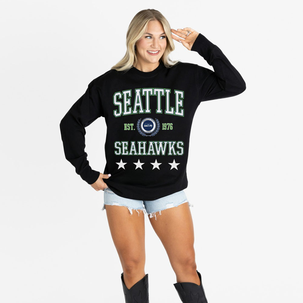 Seattle Seahawks Gameday Couture Women's Oversized Everyday Star Long Sleeve T-Shirt - Black T-shirts