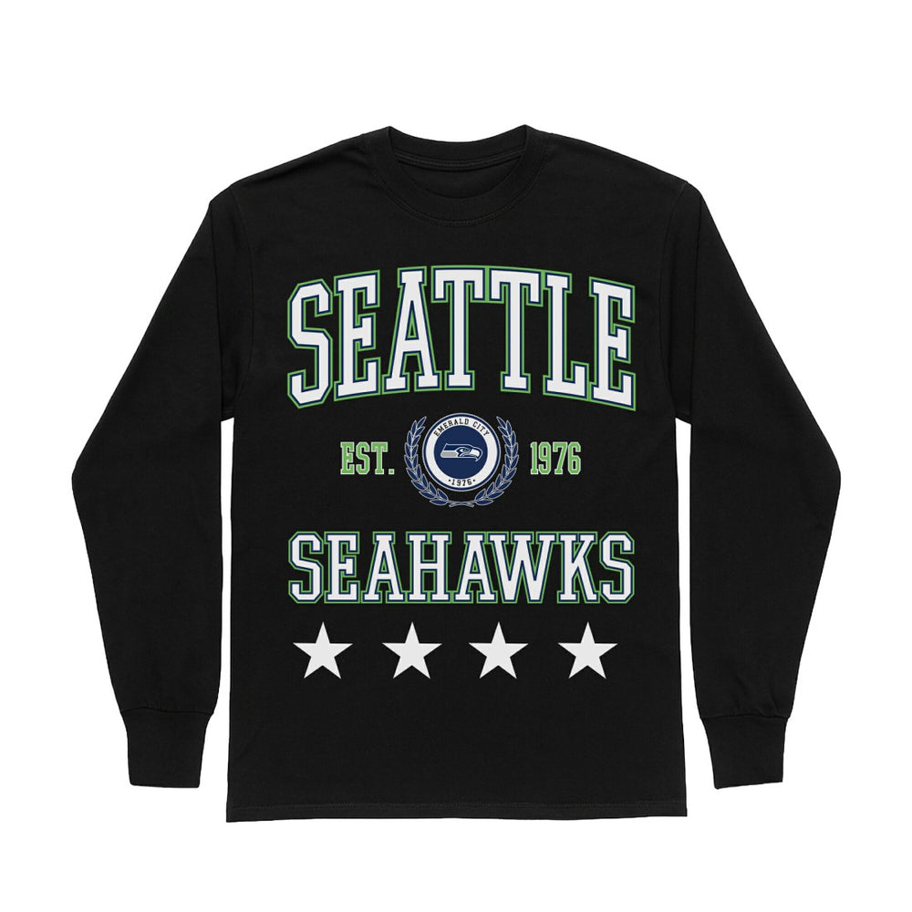Seattle Seahawks Gameday Couture Women's Oversized Everyday Star Long Sleeve T-Shirt - Black T-shirts
