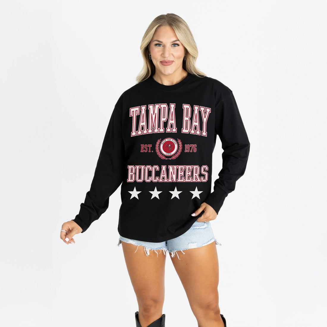 Tampa Bay Buccaneers Gameday Couture Women's Oversized Everyday Star Long Sleeve T-Shirt - Black T-shirts