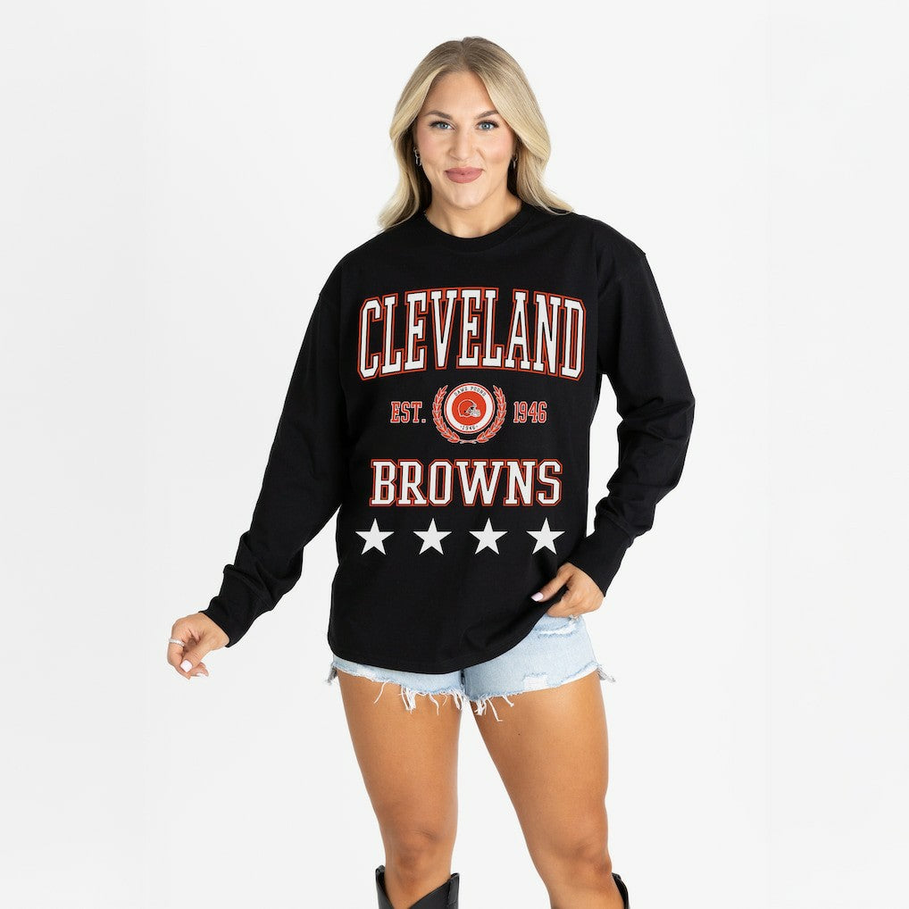 Cleveland Browns Gameday Couture Women's Oversized Everyday Star Long Sleeve T-Shirt - Black T-shirts