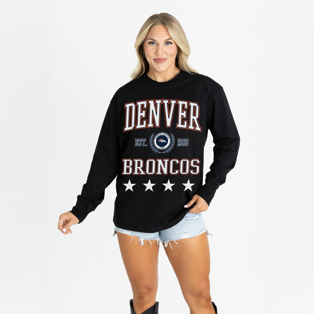 Denver Broncos Gameday Couture Women's Oversized Everyday Star Long Sleeve T-Shirt - Black T-shirts