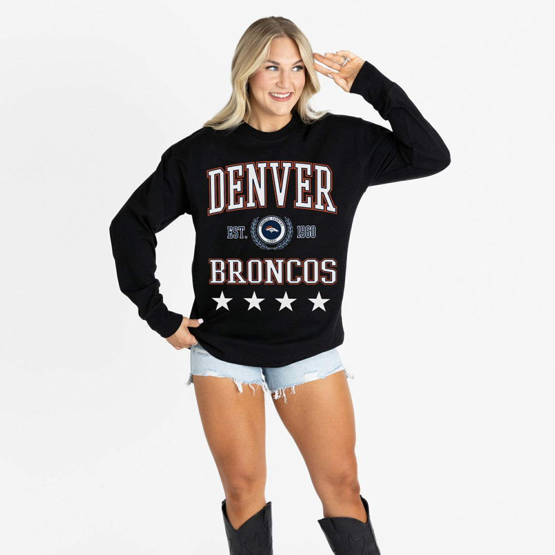 Denver Broncos Gameday Couture Women's Oversized Everyday Star Long Sleeve T-Shirt - Black T-shirts