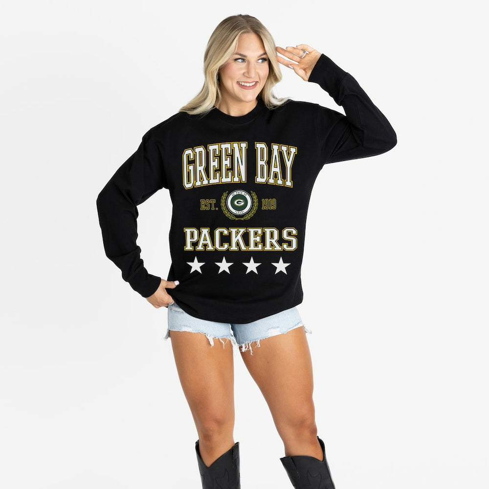 Green Bay Packers Gameday Couture Women's Oversized Everyday Star Long Sleeve T-Shirt - Black T-shirts