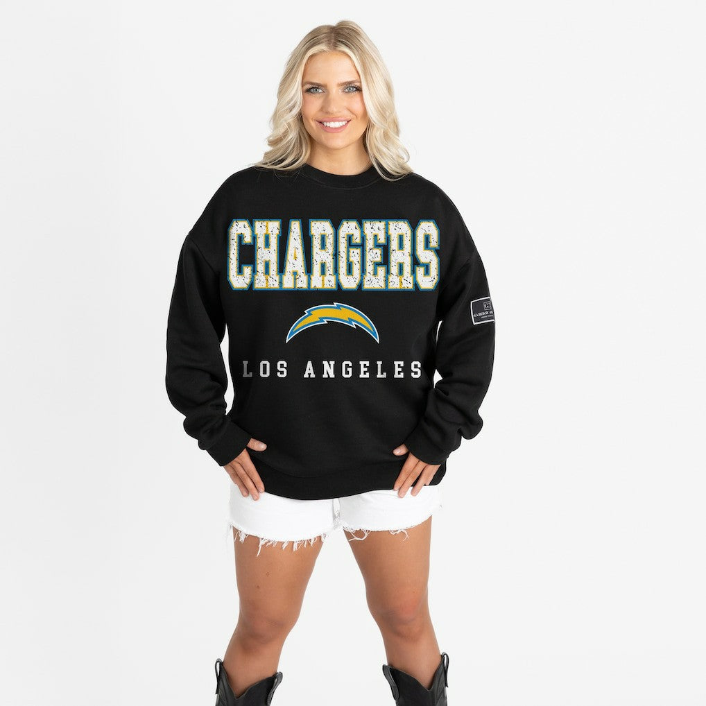 Los Angeles Chargers Gameday Couture Women's Oversized Level Up Black Label Premium Fleece Sweatshirt - Black Sweatshirts