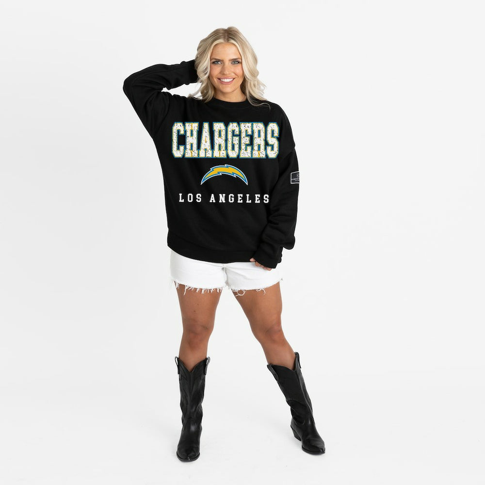 Los Angeles Chargers Gameday Couture Women's Oversized Level Up Black Label Premium Fleece Sweatshirt - Black Sweatshirts