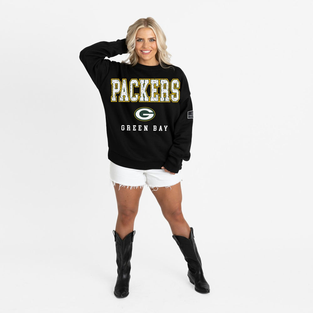 Green Bay Packers Gameday Couture Women's Oversized Level Up Black Label Premium Fleece Sweatshirt - Black Sweatshirts