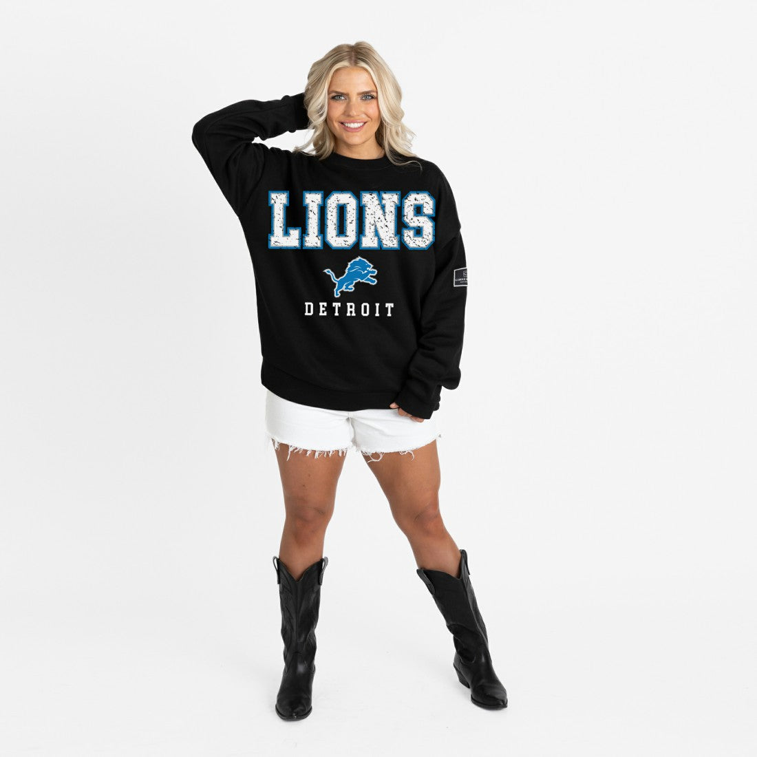 Detroit Lions Gameday Couture Women's Oversized Level Up Black Label Premium Fleece Sweatshirt - Black Sweatshirts