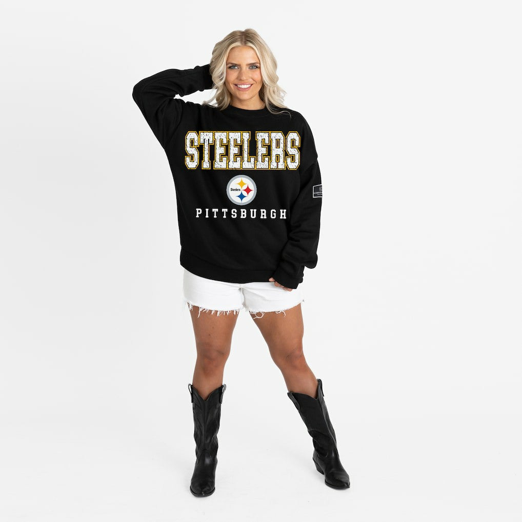 Pittsburgh Steelers Gameday Couture Women's Oversized Level Up Black Label Premium Fleece Sweatshirt - Black Sweatshirts