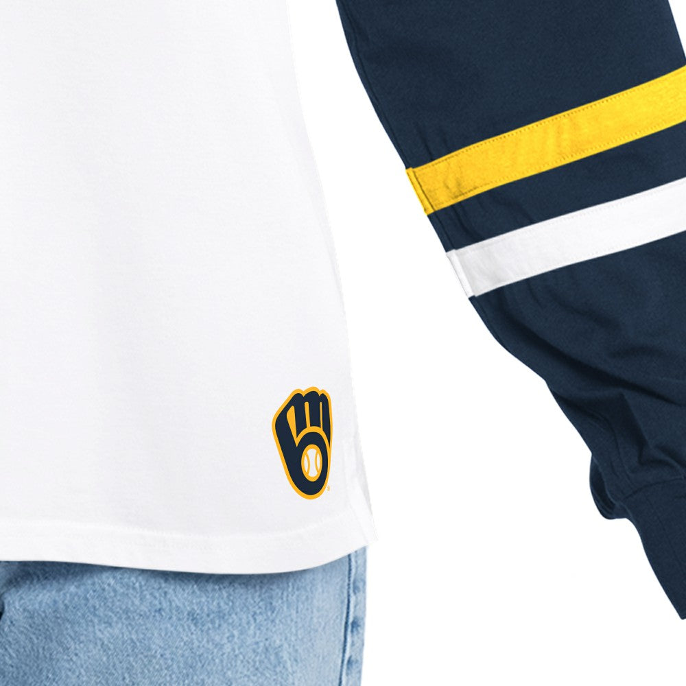 Milwaukee Brewers G-III 4Her by Carl Banks Women's Key Player Oversized Hooded Long Sleeve T-Shirt - White/Navy T-shirts