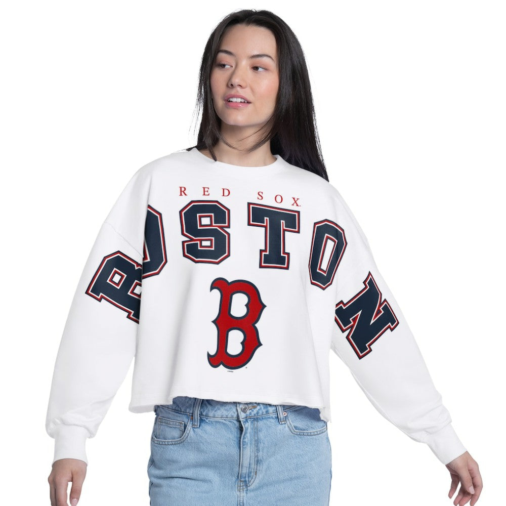 Boston Red Sox G-III 4Her by Carl Banks Women's Bleachers Cropped Pullover Sweatshirt - White Pullover