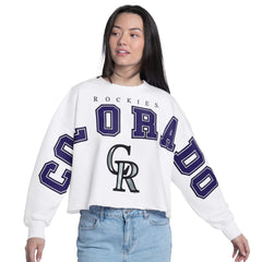 Colorado Rockies G-III 4Her by Carl Banks Women's Bleachers Cropped Pullover Sweatshirt - White Pullover